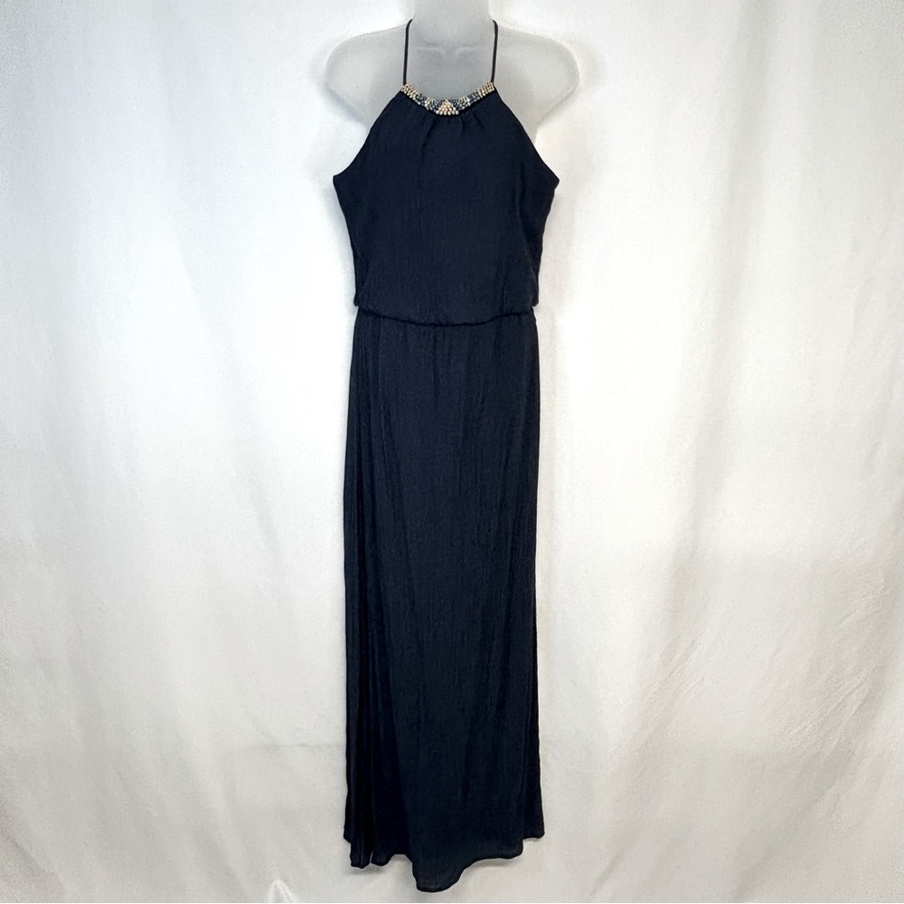 Lily‎ Rose Womens Sleeveless Maxi Dress Size M Crepe Crinkle Beads Button Blue